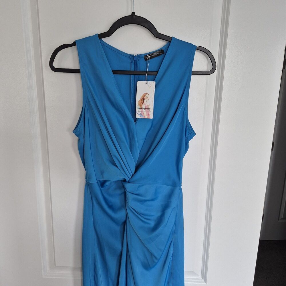 PRETTYGARDEN Sky Blue Satin Ruched Twist Front VNeck Maxi Dress Split Size M NWT